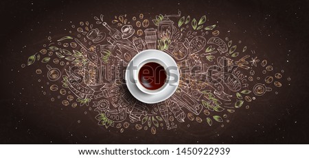 Coffee chalk illustrated concept on black board background - white coffee cup, top view with chalk doodle illustration about coffee, beans, morning, espresso in cafe, breakfast. Morning coffee vector Royalty-Free Stock Photo #1450922939