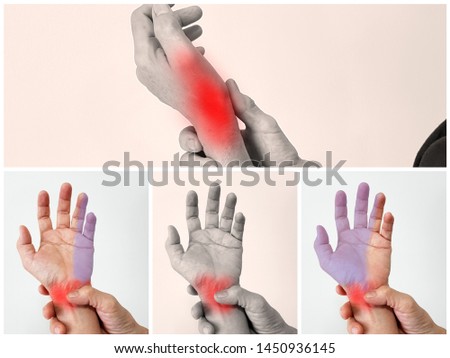 Collage set of photos show hand anatomy of the patient who suffer from symptom wrist pain and numbness from different disease as wrist sprain, arthritis, tendinitis and nerve entrapment. 