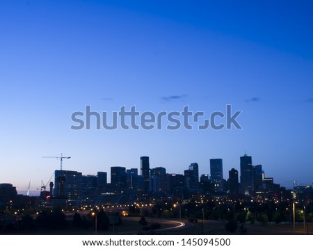 A view of Denver, Colorado downtown right before sunrise.