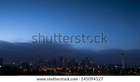 A view of Denver, Colorado downtown right before sunrise.