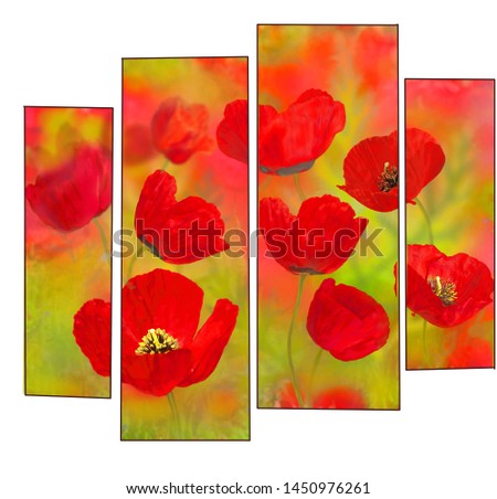 Bright red flowers filled the spring wallpaper background on the wall.Modular arrangement of colors will preserve the integrity  of the plot.