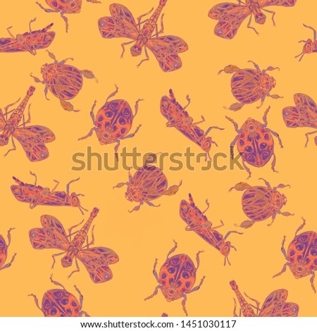 Pattern beetles, dragonflies, art Nouveau grasshoppers on yellow background for Wallpaper, textiles, clothing