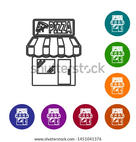 Grey Pizzeria building facade line icon isolated on white background. Fast food pizzeria kiosk. Set icon in color circle buttons. Vector Illustration