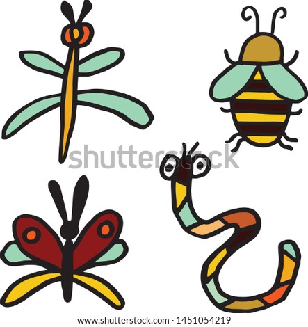 Set of 4 autumn dwellers. Insects: bee, dragonfly, butterfly and worm on an isolated white background