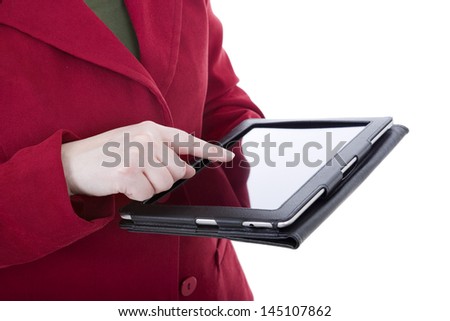 woman holding a digital tablet, isolated, detail