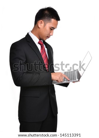 business man with laptop isolated on white background