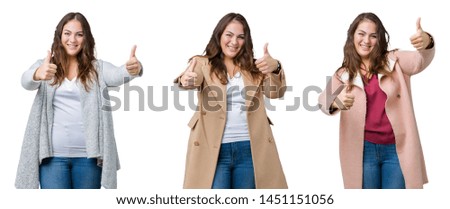 Collage of beautiful plus size woman wearing winter jacket over isolated background approving doing positive gesture with hand, thumbs up smiling and happy for success. Looking at the camera