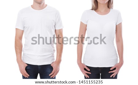 T-shirt design fashion concept, closeup of woman and man in blank white t-shirt, shirt front isolated. Mock up for sublimation. Royalty-Free Stock Photo #1451155235