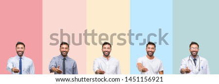 Collage of handsome man over colorful stripes isolated background smiling friendly offering handshake as greeting and welcoming. Successful business.
