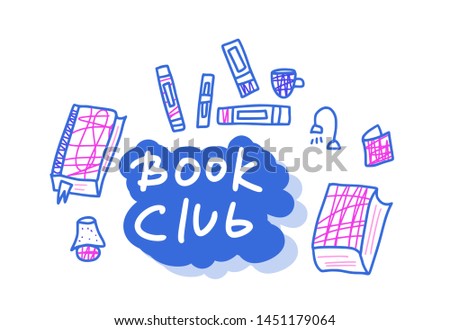Book club concept. Book set in doodle style. Symbols of reading on white background. 