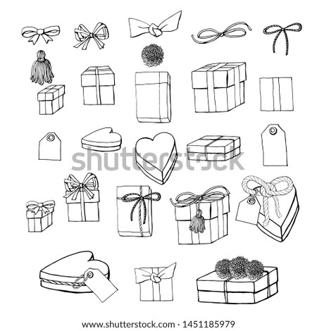 Set of gift wrapping, boxes and bow knots clipart. collection of holiday decoration objects. isolated on white background. stock illustration.