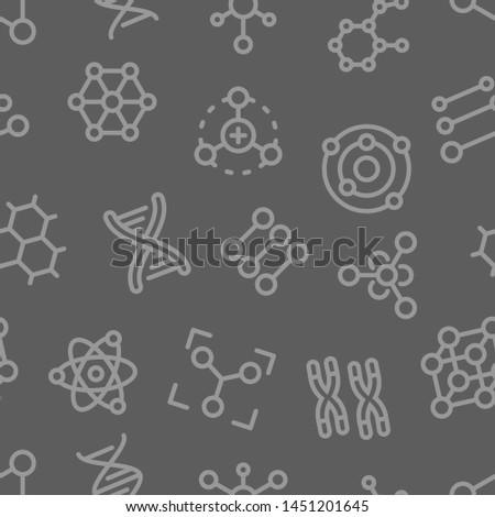 Atoms, molecules, dna, chromosomes outline vector seamless pattern on grey background. Pharmacy and chemistry, education and science elements and equipment