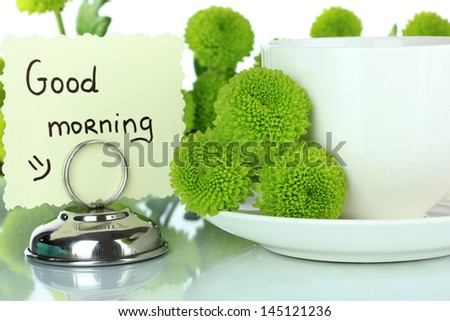 Beautiful green chrysanthemum with cup of tea isolated on white