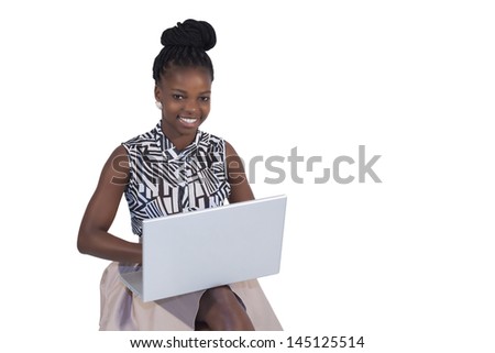African girl with laptop on white background