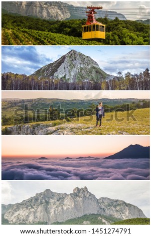 collage of five photos of mountain aerial landscapes scenery 
