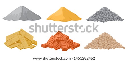 Construction material piles. Gypsum and sand, crushed and stones, red bricks and wooden planks heaps isolated vector set. Industrial plywood, panel and pile of bricks and sand illustration Royalty-Free Stock Photo #1451282462