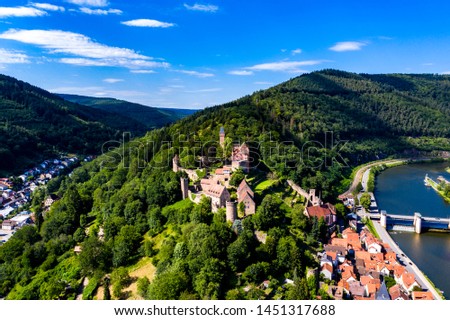 Aerial view, Castle Hirschhorn at river Neckar, Odenwald, Hesse, Germany,