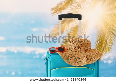 holidays. travel concept. blue suitcase infront of tropical background