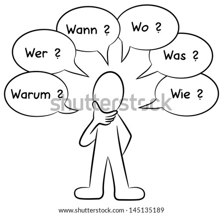 vector illustration of a man who asks questions german: warum = why, wer = who, wann = when, wo = where, was = what, wie = how