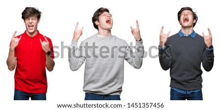 Collage of young man over white isolated background shouting with crazy expression doing rock symbol with hands up. Music star. Heavy concept.