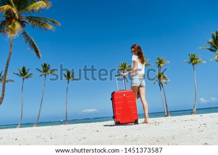Young woman sand palm island ocean view bottom            
