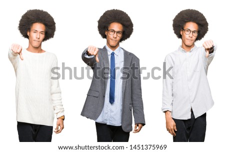 Collage of young man with afro hair over white isolated background looking unhappy and angry showing rejection and negative with thumbs down gesture. Bad expression.