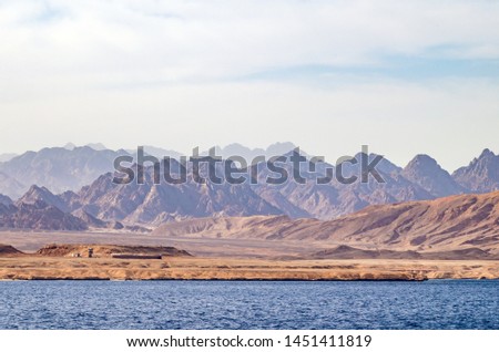Mountain landscape with blue water in the national park Ras Mohammed, Egypt