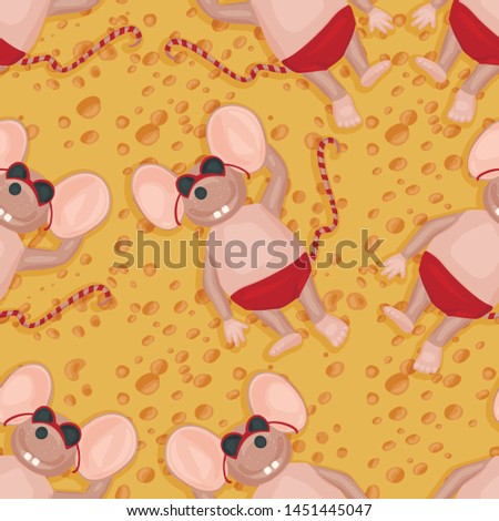 Christmas vector mouse seamless pattern. Cartoon illustration. Mice lie on a large piece of cheese