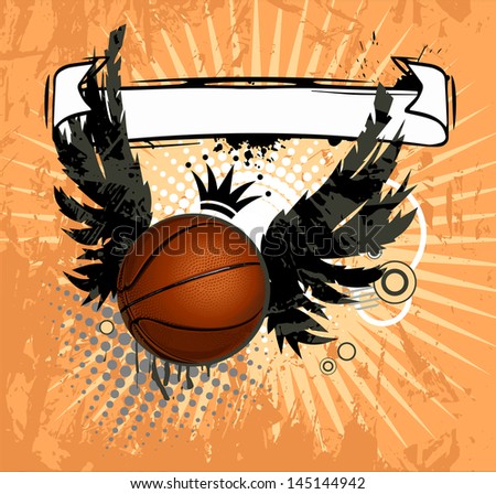 Grunge emblem, winged basketball ball and design elements