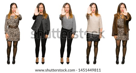 Collage of elegant middle age woman over isolated white background doing stop sing with palm of the hand. Warning expression with negative and serious gesture on the face.