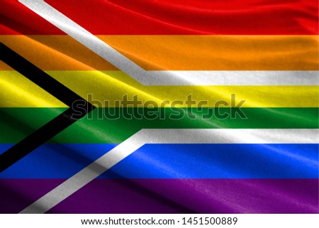 Realistic flag of Gay pride Flag of South Africa on the wavy surface of fabric