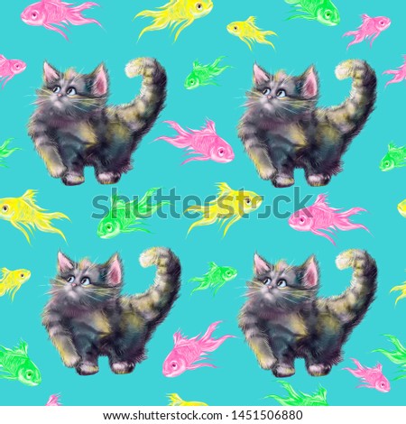 Cute watercolor hand drawn cats seamless pattern