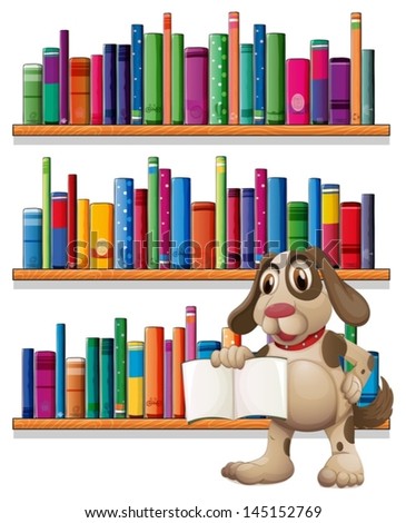 Illustration of a dog holding a book in front of the bookshelves on a white background