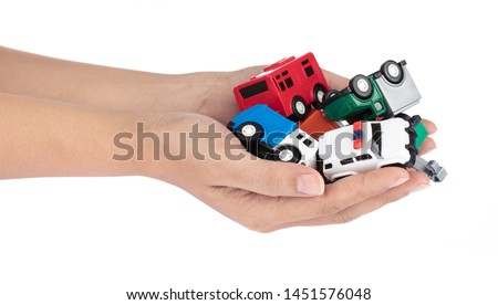 hand holding car toy kids isolated on a white background.