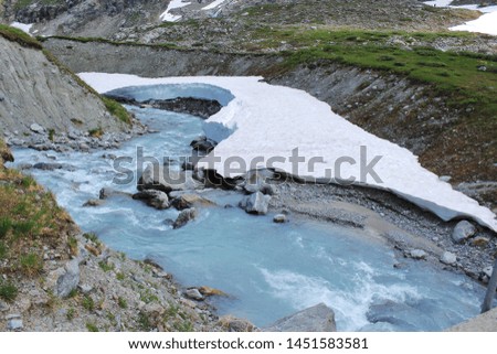 Fast stormy mountain glacial river and layer of snow in Alps. National Park of Switzerland. Outdoor. Selective focus.