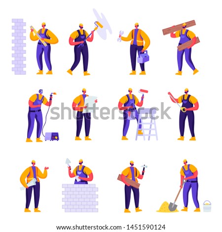 Set of Flat Professional Construction Workers Engineers Characters. Cartoon People Male in Uniform Overalls and Helmets with Equipment. Vector Illustration.