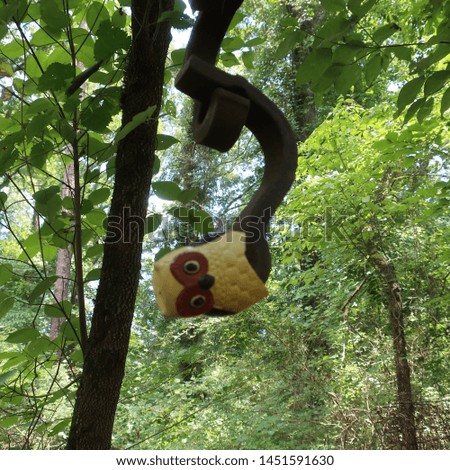 Discarded junk and toys in the forest arranged in a certain way to convey a message or to be funny