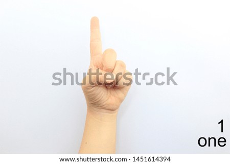 Finger language meaning number one and text and Arabic number in white background