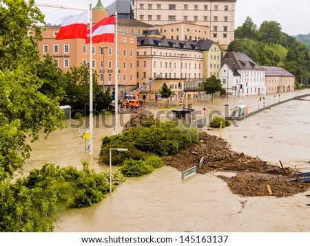 flood of 2013. linz, austria. inundation and flooding.