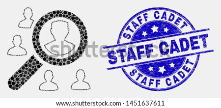 Dot search users mosaic icon and Staff Cadet seal stamp. Blue vector rounded grunge seal stamp with Staff Cadet message. Vector combination in flat style.