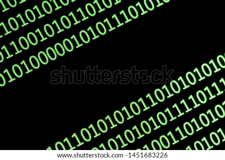Black empty copy space between numbers on computer screen. Green binary code. Closeup photography with visible pixels.