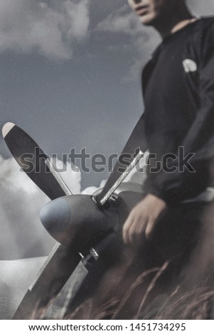 man on the background of the propeller of the aircraft propeller