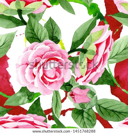 Pink camellia floral botanical flowers. Wild spring leaf wildflower. Watercolor illustration set. Watercolour drawing fashion aquarelle. Seamless background pattern. Fabric wallpaper print texture.