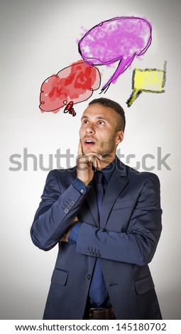 thinking man with colored cloud and cartoon 