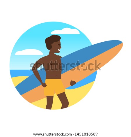 Icon activty on ocean sea summer man with surfing board. Vacation trip holiday beach , surf, palms, flora, sunbathing. Vector flat cartoon isolated illustration
