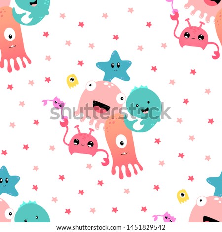 Kawaii color marine pattern. Octopus, crabs, stars and fish on a white background