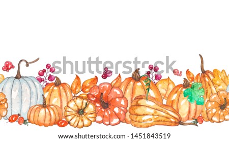 Watercolor autumn template with pumpkins, yellow leaves, Elements are isolated on white background. Ideal for design banners, leaflets, posters with space for your text or for cards, invitations