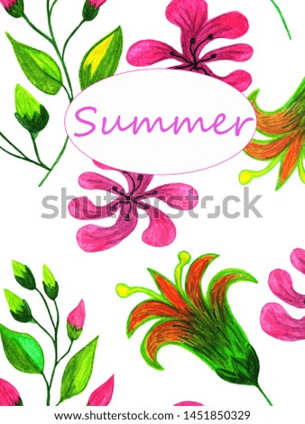 Greeting card background summer watercolor floral colorful with pink orange green flowers bells and green yellow branches leaves ,  painted by hand, postcard, frame, for congratulations,event, wedding