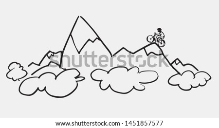A man rides a bicycle at the top of the mountain, cloud and mountain, doodle, sketch