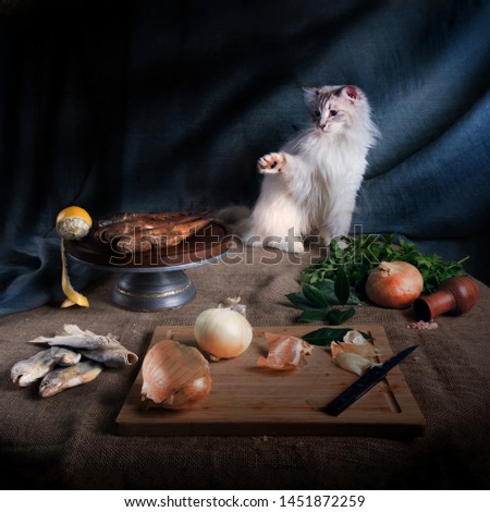 Still life with a cat, smoked fish, salted fish and parsley
